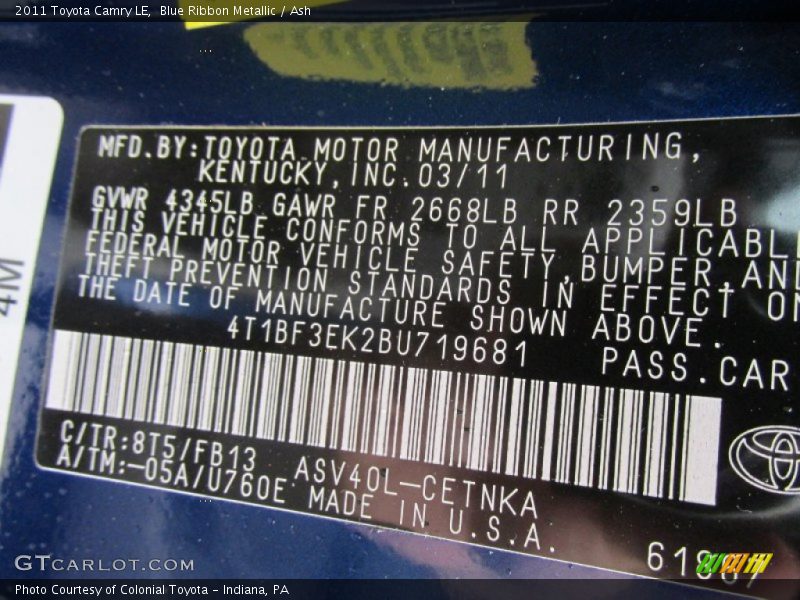 Blue Ribbon Metallic / Ash 2011 Toyota Camry LE