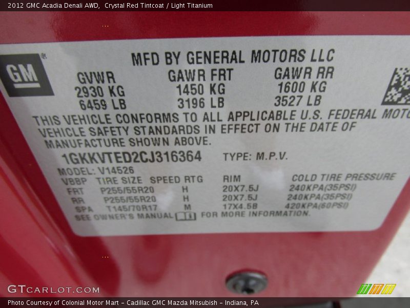 Crystal Red Tintcoat / Light Titanium 2012 GMC Acadia Denali AWD