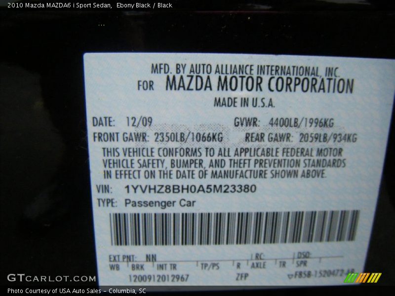 Ebony Black / Black 2010 Mazda MAZDA6 i Sport Sedan