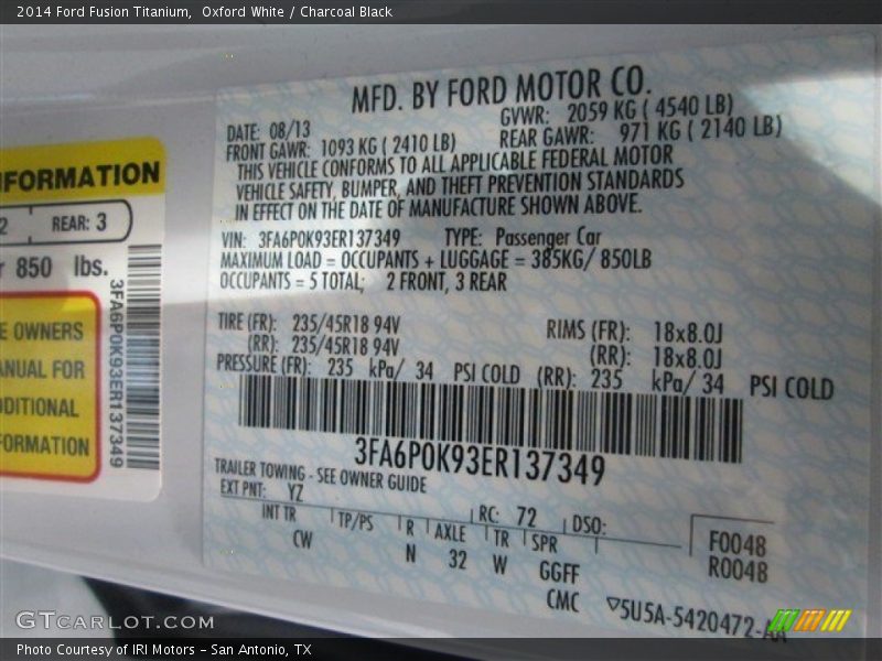 Oxford White / Charcoal Black 2014 Ford Fusion Titanium