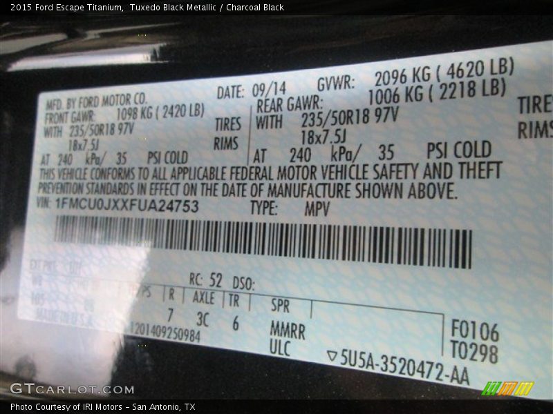 Tuxedo Black Metallic / Charcoal Black 2015 Ford Escape Titanium