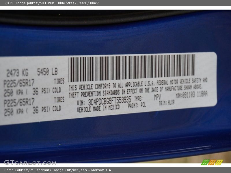 2015 Journey SXT Plus Blue Streak Pearl Color Code PCL