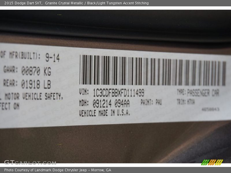 Granite Crystal Metallic / Black/Light Tungsten Accent Stitching 2015 Dodge Dart SXT