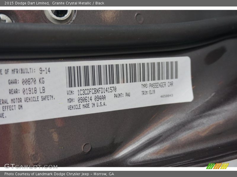 Granite Crystal Metallic / Black 2015 Dodge Dart Limited