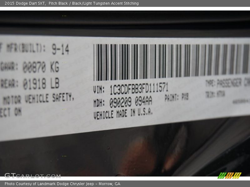 Pitch Black / Black/Light Tungsten Accent Stitching 2015 Dodge Dart SXT