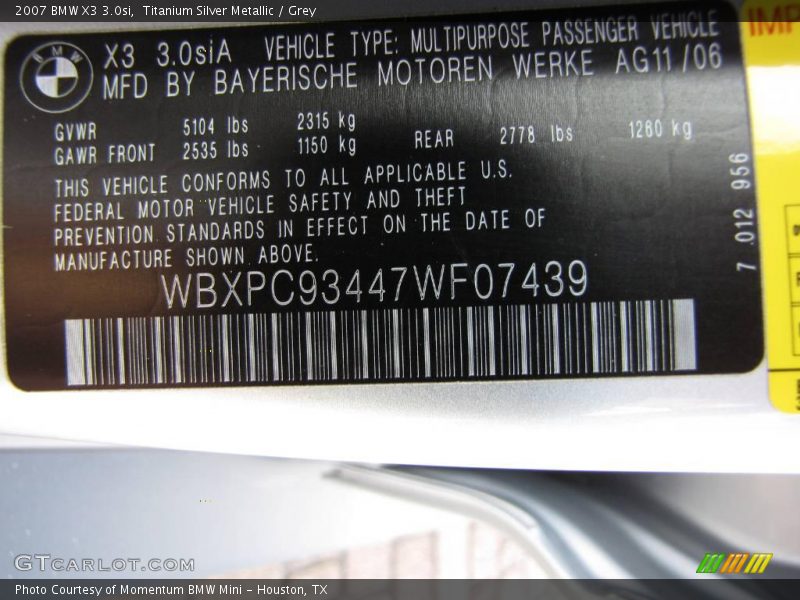 Titanium Silver Metallic / Grey 2007 BMW X3 3.0si