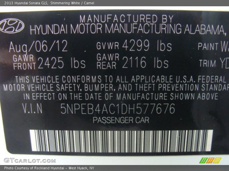 Shimmering White / Camel 2013 Hyundai Sonata GLS