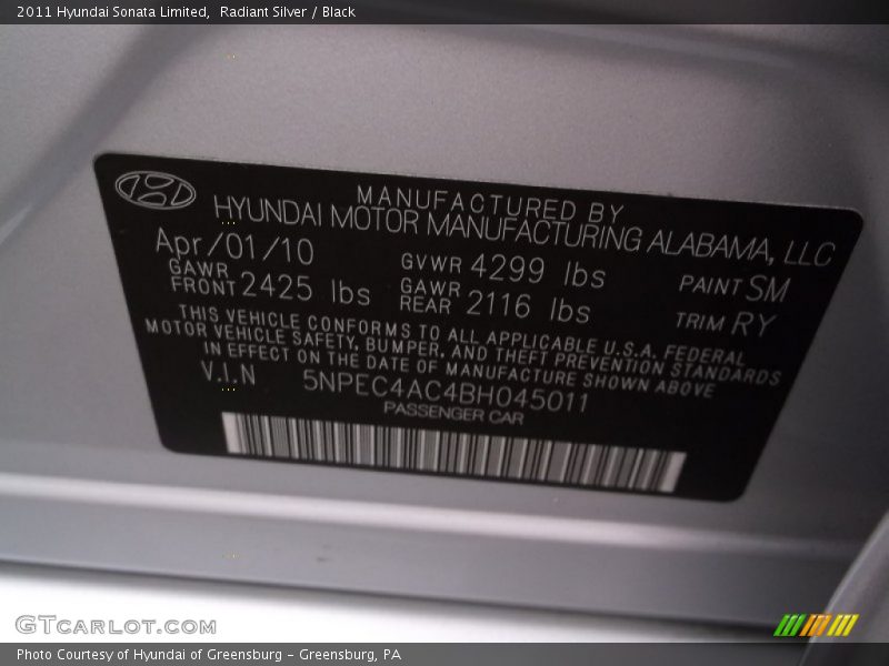 Radiant Silver / Black 2011 Hyundai Sonata Limited