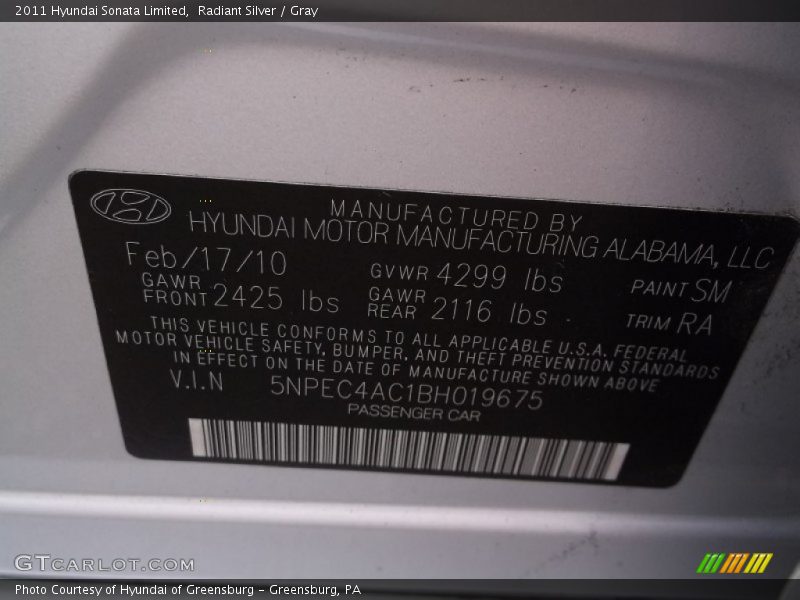 Radiant Silver / Gray 2011 Hyundai Sonata Limited
