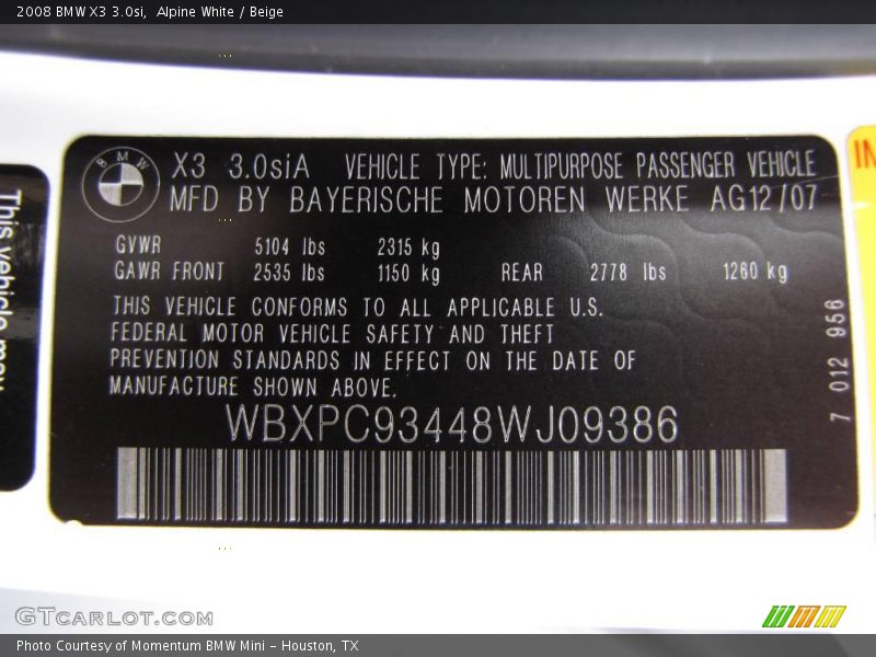 Alpine White / Beige 2008 BMW X3 3.0si