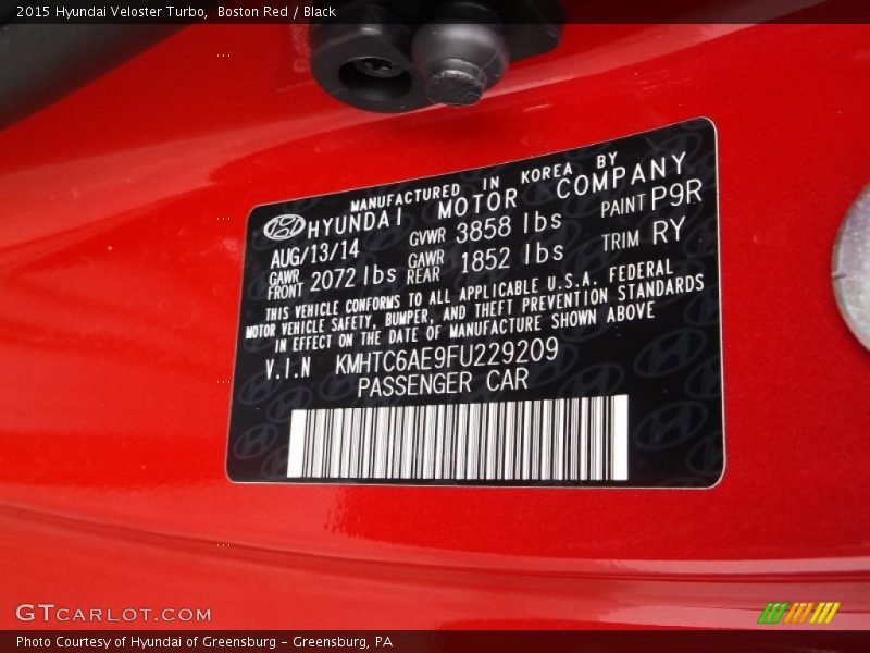 Boston Red / Black 2015 Hyundai Veloster Turbo