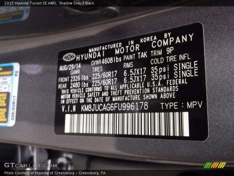 Shadow Gray / Black 2015 Hyundai Tucson SE AWD