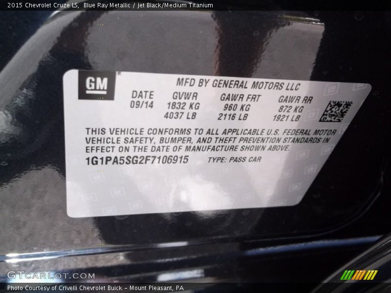 Blue Ray Metallic / Jet Black/Medium Titanium 2015 Chevrolet Cruze LS