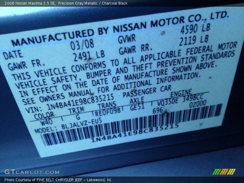 Precision Gray Metallic / Charcoal Black 2008 Nissan Maxima 3.5 SE