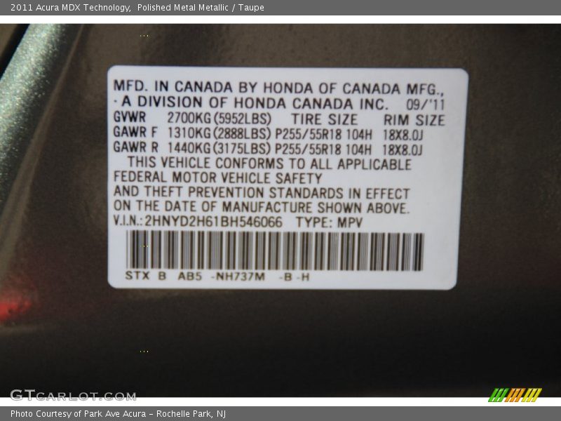 Polished Metal Metallic / Taupe 2011 Acura MDX Technology