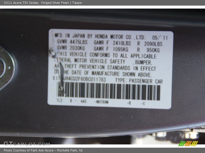 Forged Silver Pearl / Taupe 2011 Acura TSX Sedan