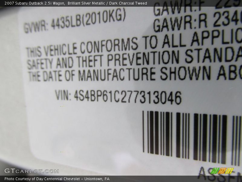 Brilliant Silver Metallic / Dark Charcoal Tweed 2007 Subaru Outback 2.5i Wagon