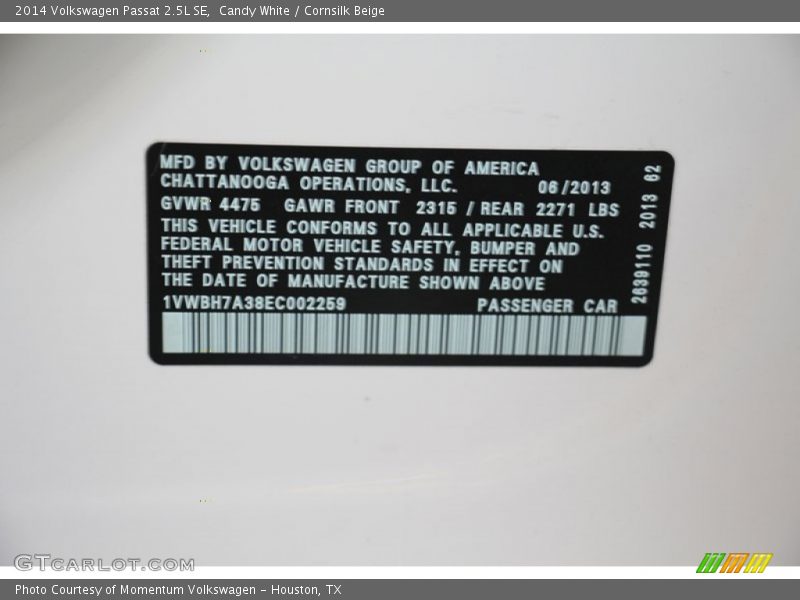 Candy White / Cornsilk Beige 2014 Volkswagen Passat 2.5L SE