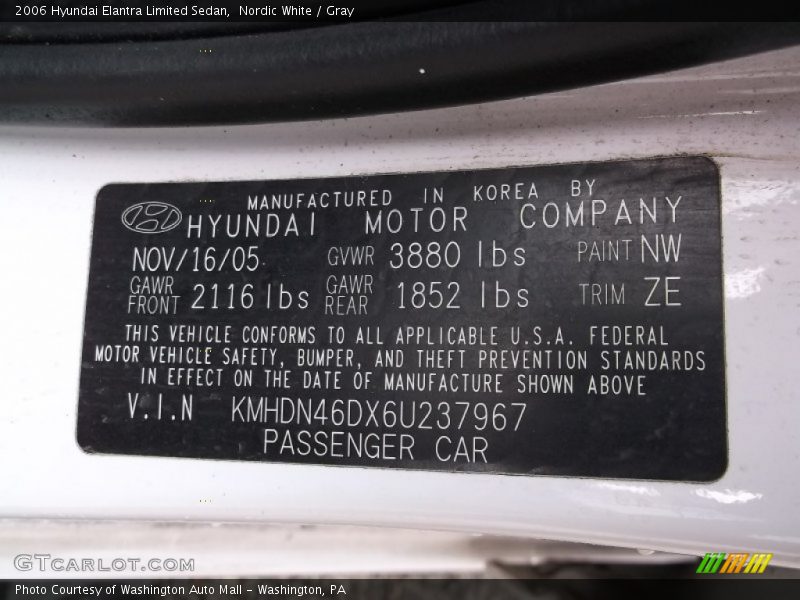 Nordic White / Gray 2006 Hyundai Elantra Limited Sedan