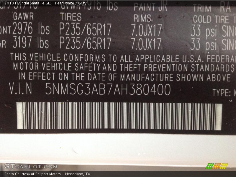 Pearl White / Gray 2010 Hyundai Santa Fe GLS