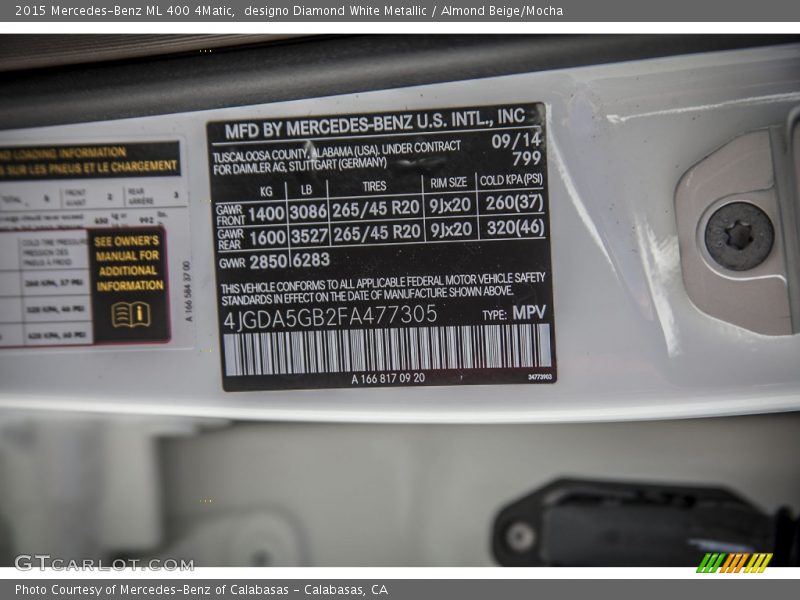 2015 ML 400 4Matic designo Diamond White Metallic Color Code 799