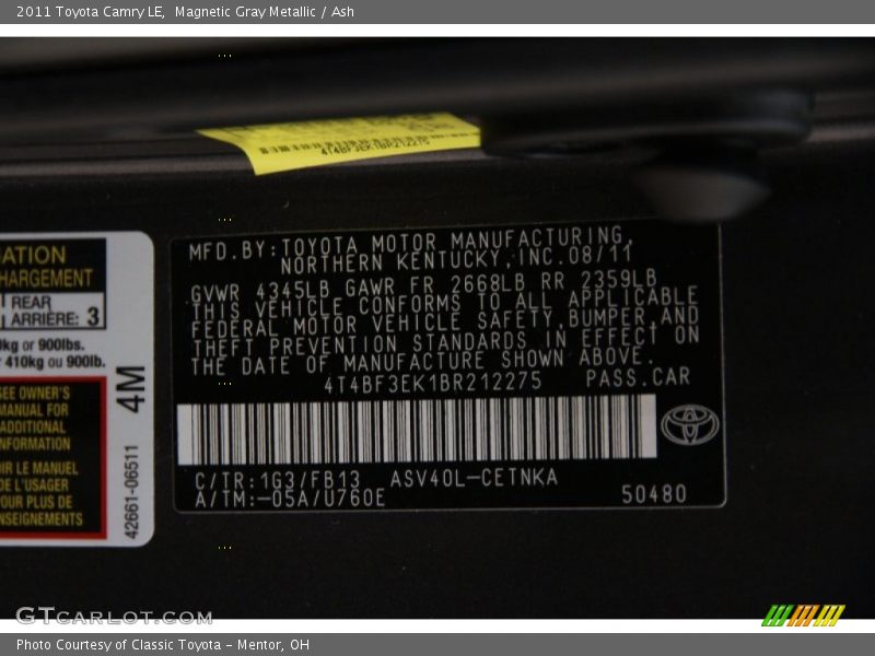 Magnetic Gray Metallic / Ash 2011 Toyota Camry LE