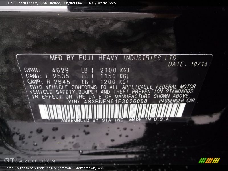 Crystal Black Silica / Warm Ivory 2015 Subaru Legacy 3.6R Limited