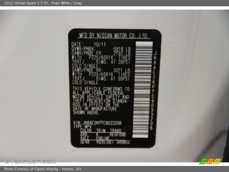 Pearl White / Gray 2012 Nissan Quest 3.5 SV