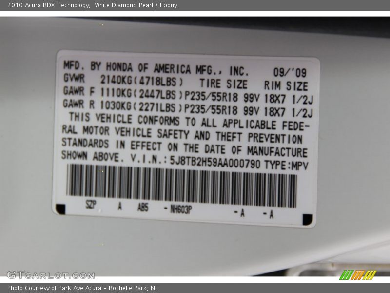 White Diamond Pearl / Ebony 2010 Acura RDX Technology