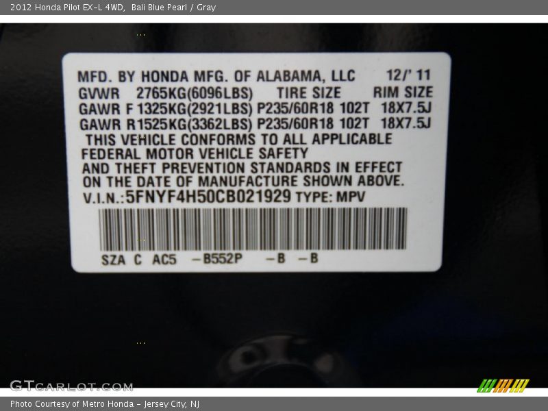Bali Blue Pearl / Gray 2012 Honda Pilot EX-L 4WD