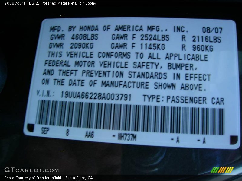 Polished Metal Metallic / Ebony 2008 Acura TL 3.2
