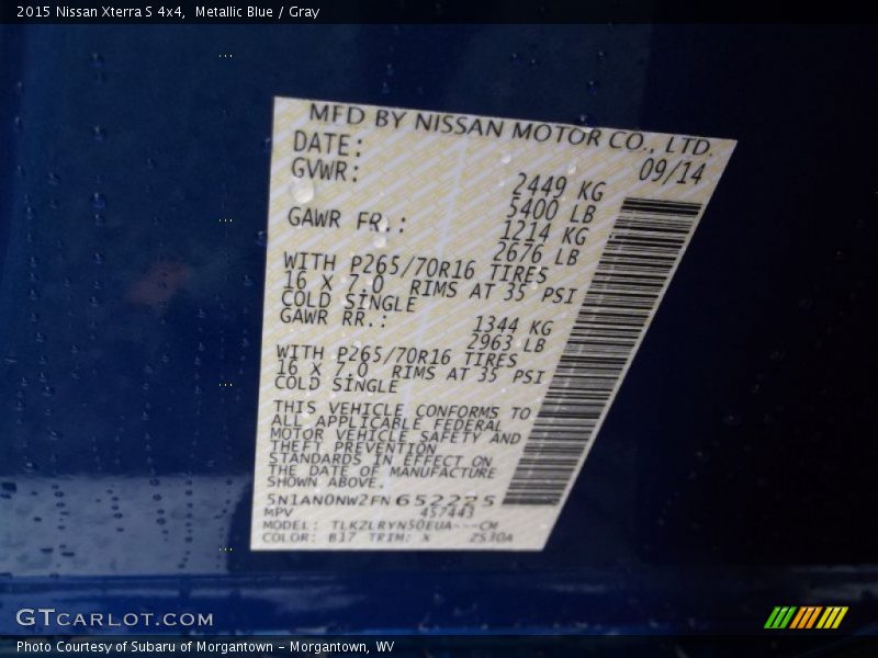 2015 Xterra S 4x4 Metallic Blue Color Code B17