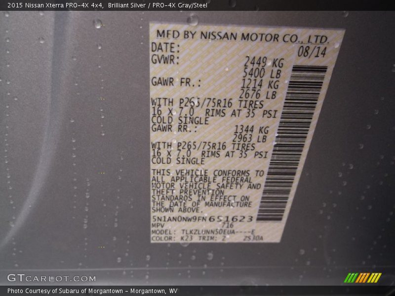 2015 Xterra PRO-4X 4x4 Brilliant Silver Color Code K23