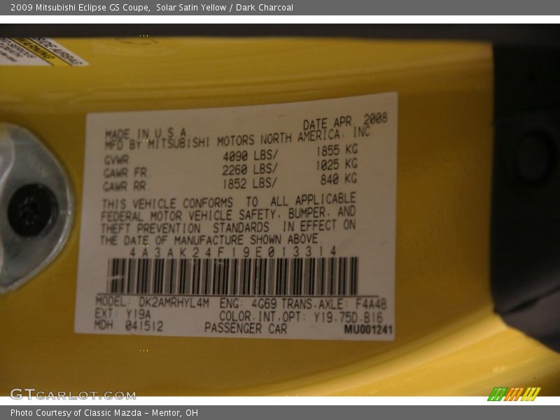 Solar Satin Yellow / Dark Charcoal 2009 Mitsubishi Eclipse GS Coupe