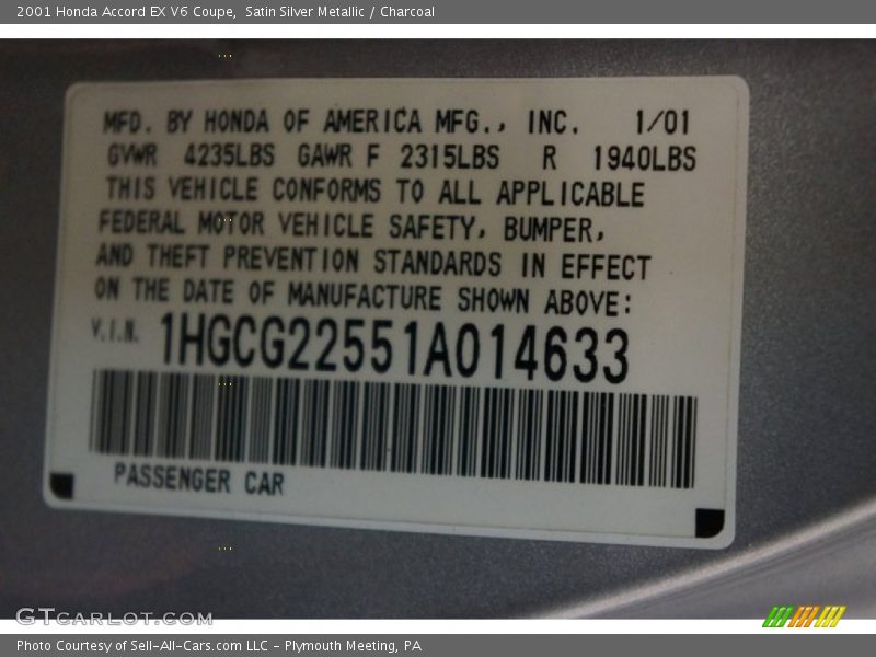 Satin Silver Metallic / Charcoal 2001 Honda Accord EX V6 Coupe