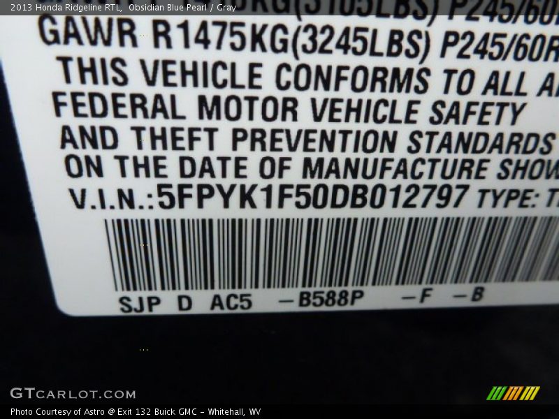 Obsidian Blue Pearl / Gray 2013 Honda Ridgeline RTL