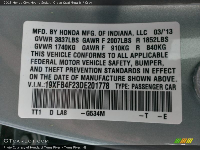 Green Opal Metallic / Gray 2013 Honda Civic Hybrid Sedan