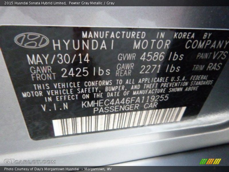 2015 Sonata Hybrid Limited Pewter Gray Metallic Color Code V7S