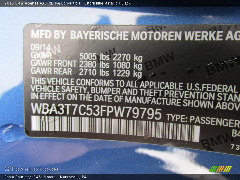 Estoril Blue Metallic / Black 2015 BMW 4 Series 435i xDrive Convertible