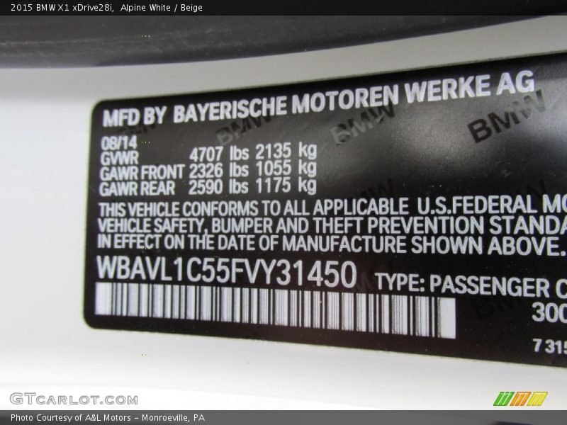 Alpine White / Beige 2015 BMW X1 xDrive28i