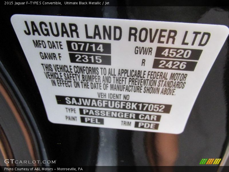 2015 F-TYPE S Convertible Ultimate Black Metallic Color Code PEL