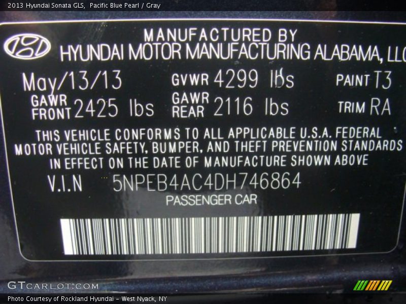 Pacific Blue Pearl / Gray 2013 Hyundai Sonata GLS