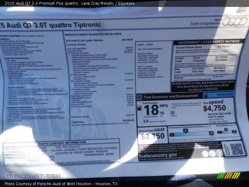  2015 Q7 3.0 Premium Plus quattro Window Sticker