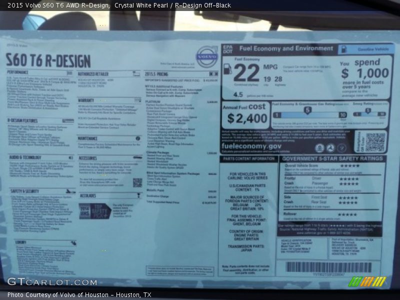  2015 S60 T6 AWD R-Design Window Sticker