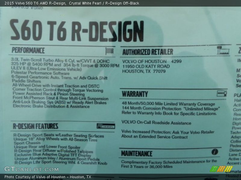  2015 S60 T6 AWD R-Design Window Sticker