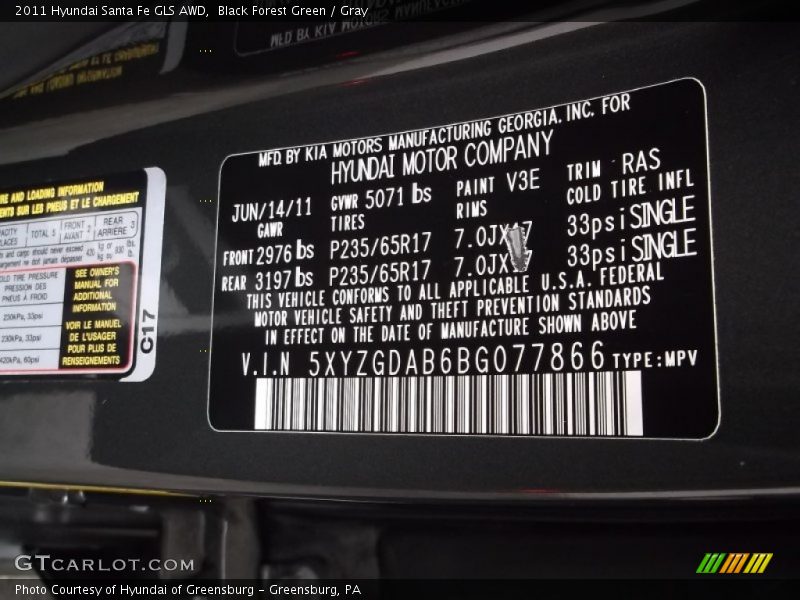 Black Forest Green / Gray 2011 Hyundai Santa Fe GLS AWD