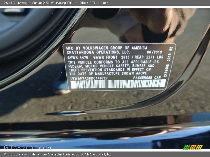 Black / Titan Black 2013 Volkswagen Passat 2.5L Wolfsburg Edition