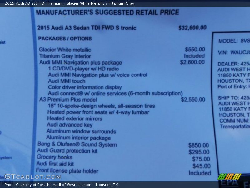  2015 A3 2.0 TDI Premium Window Sticker