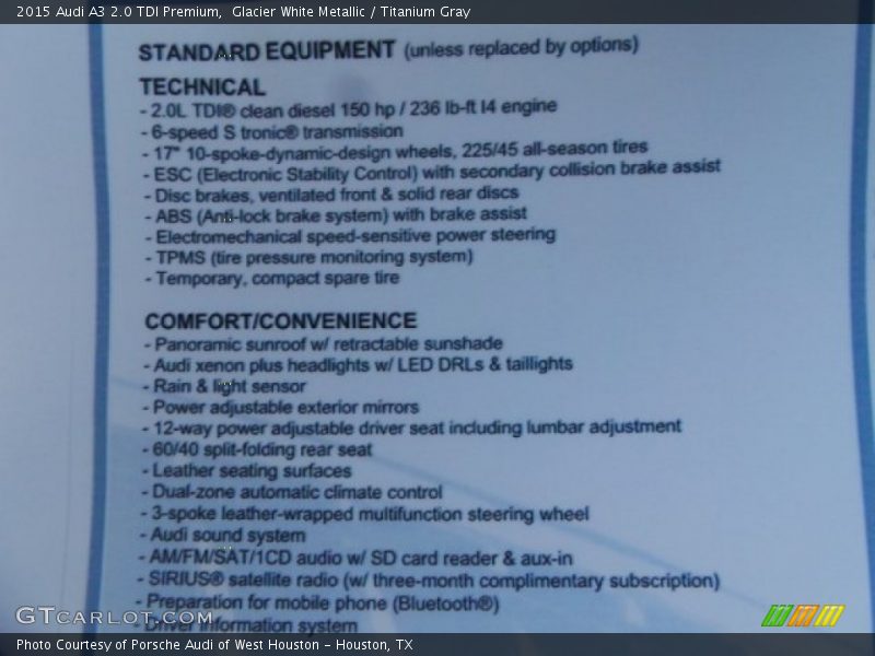  2015 A3 2.0 TDI Premium Window Sticker