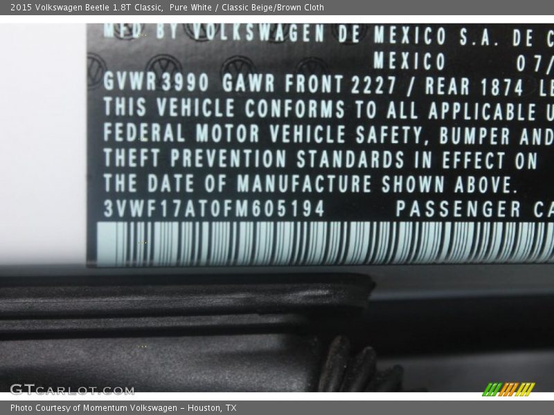 Pure White / Classic Beige/Brown Cloth 2015 Volkswagen Beetle 1.8T Classic